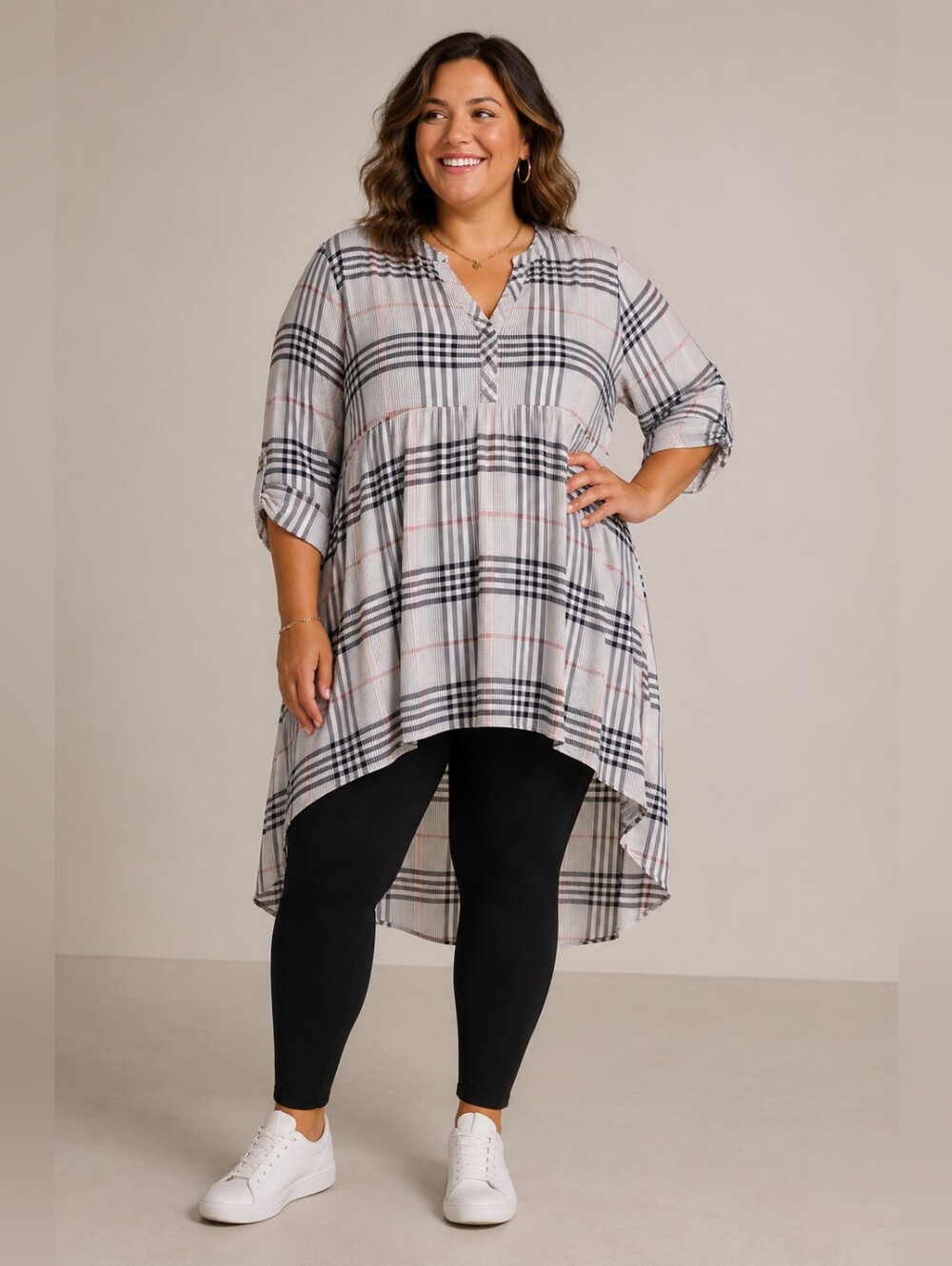 Torrid Plus Size 4x: Plaid High-Low Tunic Top - White with Black & Orange